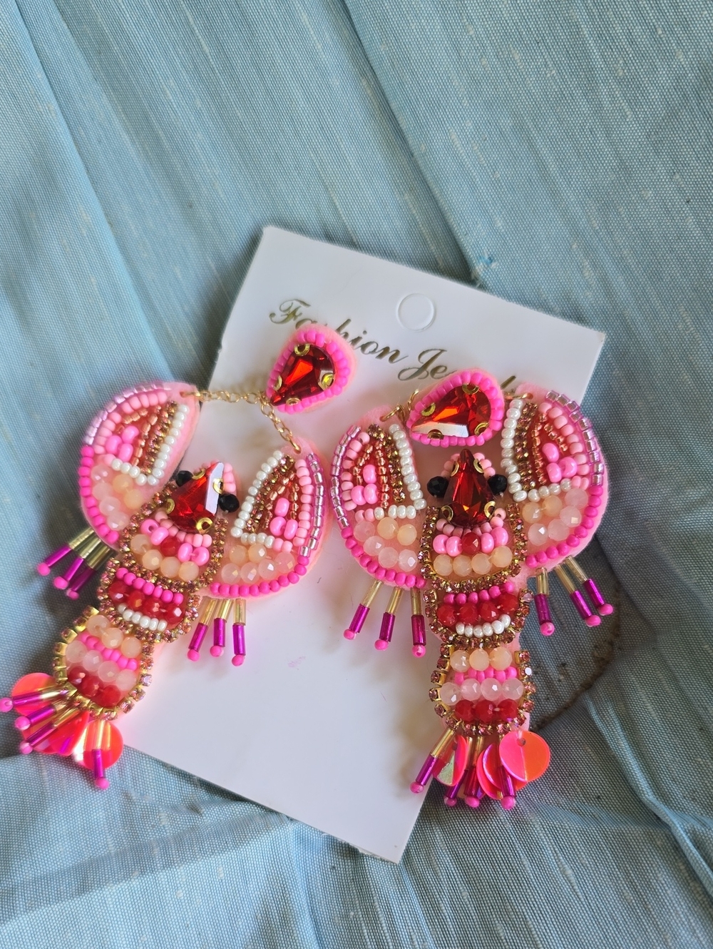 🦞 Pink Lobster Seed Beaded  Red Jewel Colorful Statement Pierced Earrings